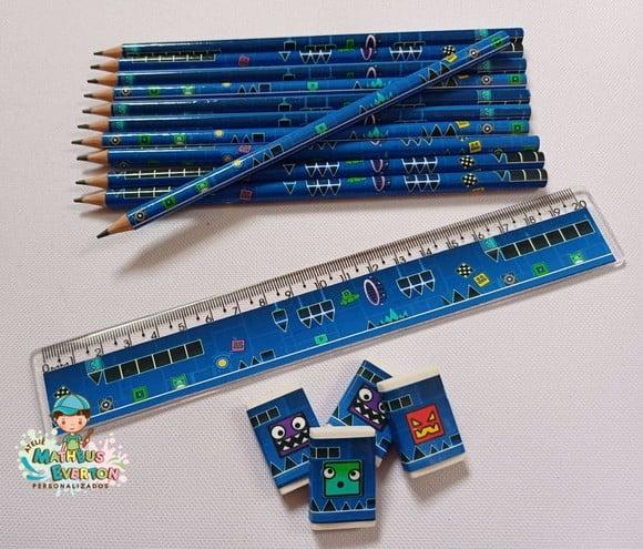 30 Kits Lápis, Régua e Borracha Personalizado Geometry Dash