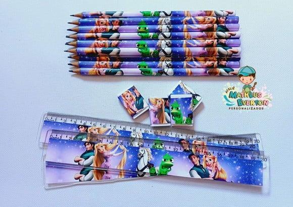 30 Kits Lápis, Régua e Borracha Personalizado Rapunzel