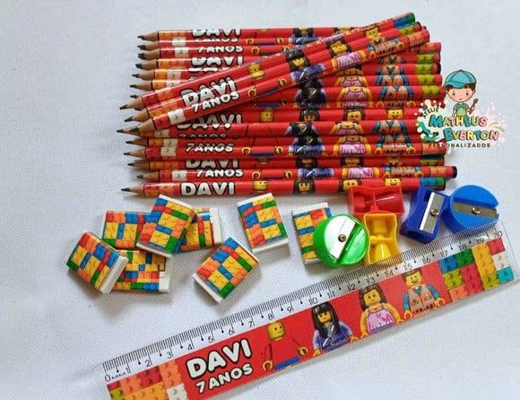 30 Kits Lápis, Régua, Borracha e Apontador Lego Atu