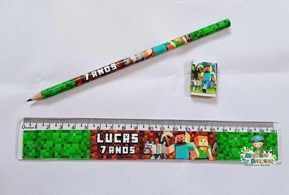 30 Lápis, 30 Réguas e 30 Borrachas Personalizado Minecraft