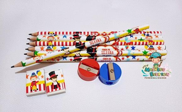 35 Kits Lápis, Borracha e Apontador Personalizado Circo