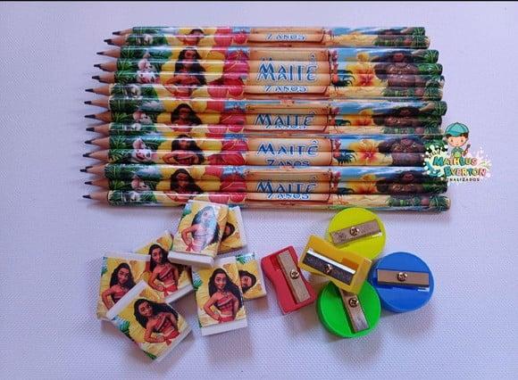 35 Kits Lápis, Borracha e Apontador Personalizado Moana