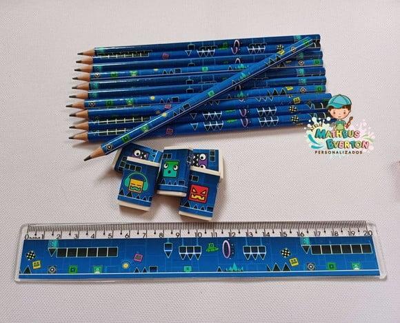 35 Kits Lápis, Régua e Borracha Personalizado Geometry Dash