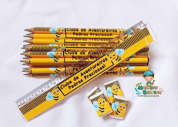 35 Lápis, 35 Réguas e 35 Borrachas Personalizado Abelinha