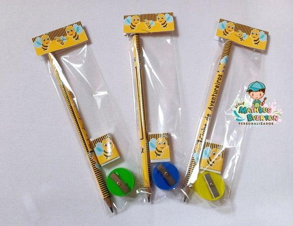 40 Kits Lápis, Borracha e Apontador Personalizado Abelinha