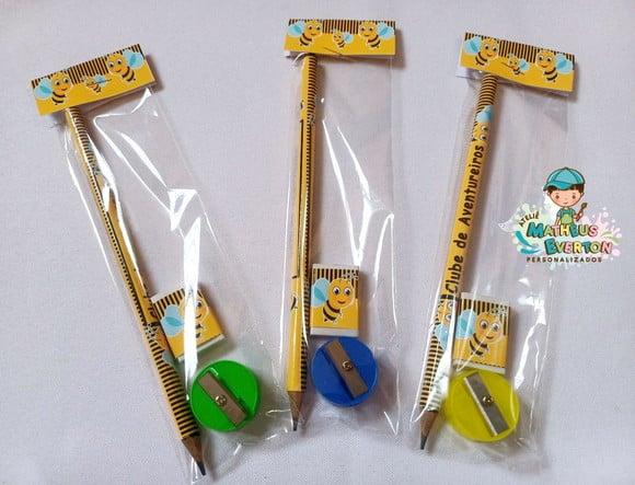 40 Kits Lápis, Borracha e Apontador Personalizado Abelinha