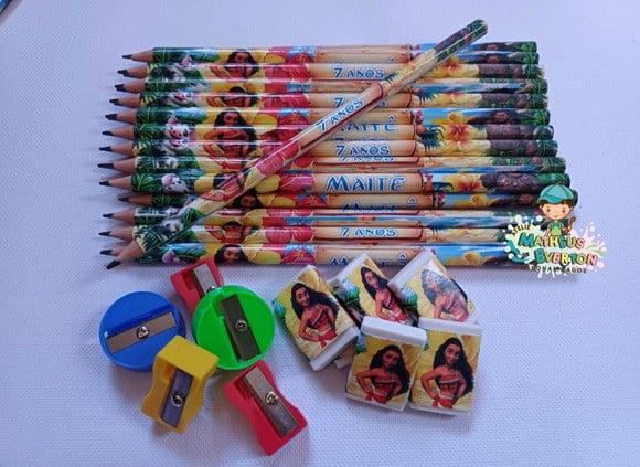 40 Kits Lápis, Borracha e Apontador Personalizado Moana