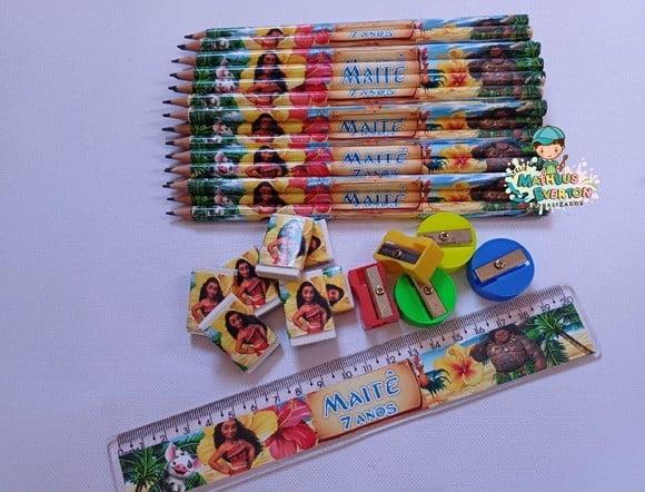 40 Kits Lápis, Borracha, Régua e Apontador Moana