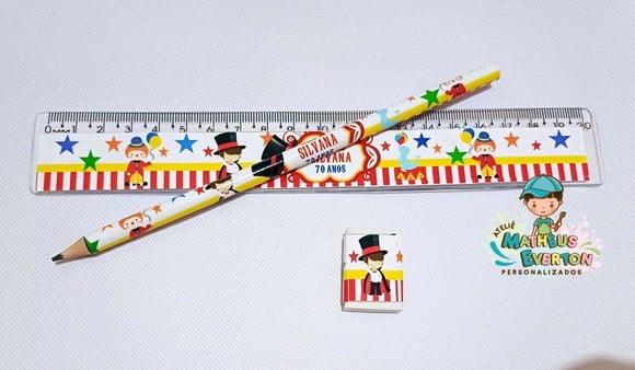 40 Kits Lápis, Régua e Borracha Personalizado Circo