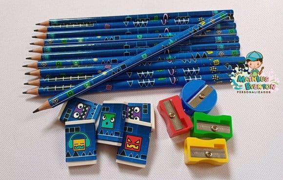 45 Kits Lápis, Borracha e Apontador Geometry Dash