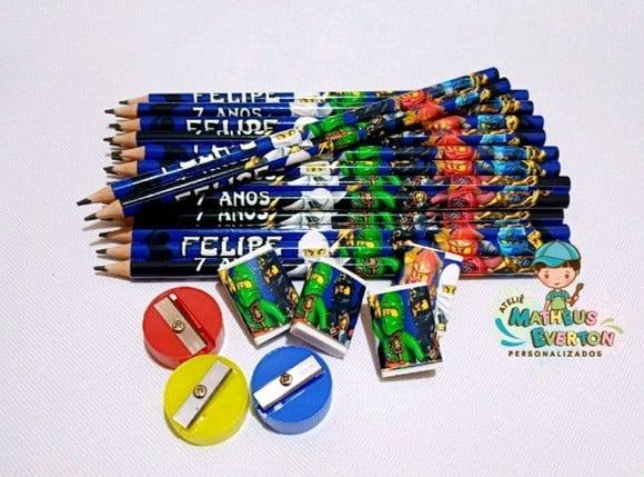 45 Kits Lápis, Borracha e Apontador Personalizado Ninjago