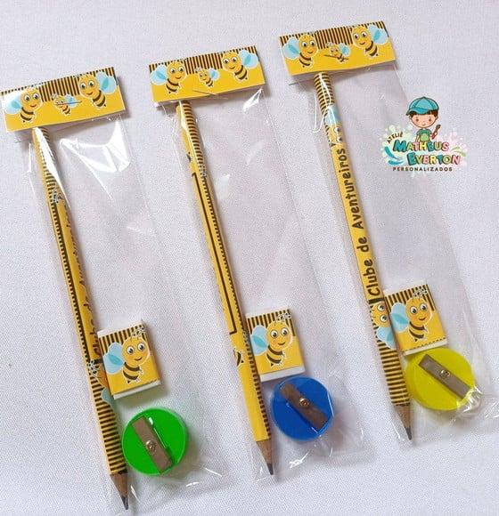 50 Kits Lápis, Borracha e Apontador Personalizado Abelinha