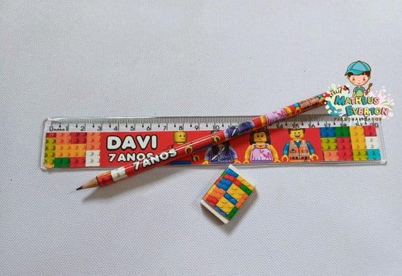 50 Kits Lápis, Régua e Borracha Personalizado Lego Atu