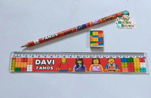 50 Kits Lápis, Régua e Borracha Personalizado Lego Atu