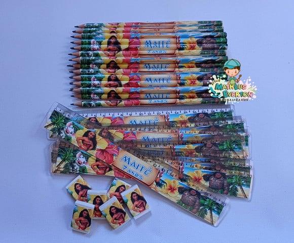 50 Kits Lápis, Régua e Borracha Personalizado Moana