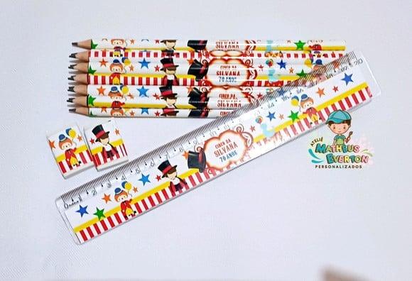 25 Kits Lápis, Régua e Borracha Personalizado Circo