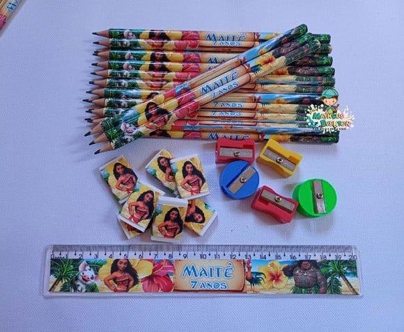 30 Kits Lápis, Borracha, Régua e Apontador Moana