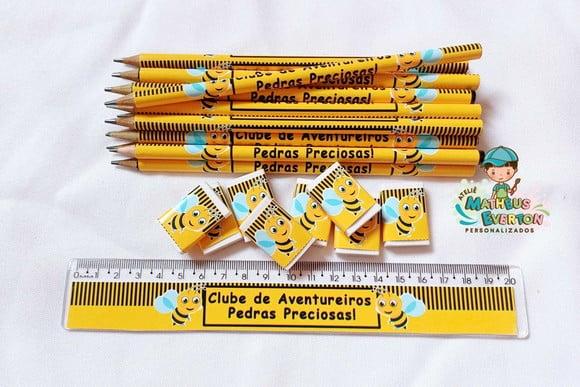 35 Lápis, 35 Réguas e 35 Borrachas Personalizado Abelinha