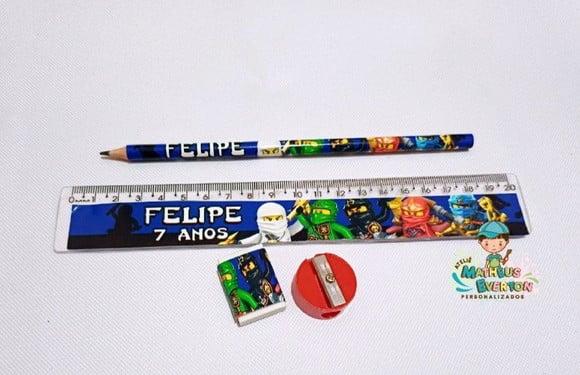 40 Kits Lápis, Borracha, Régua e Apontador Ninjago