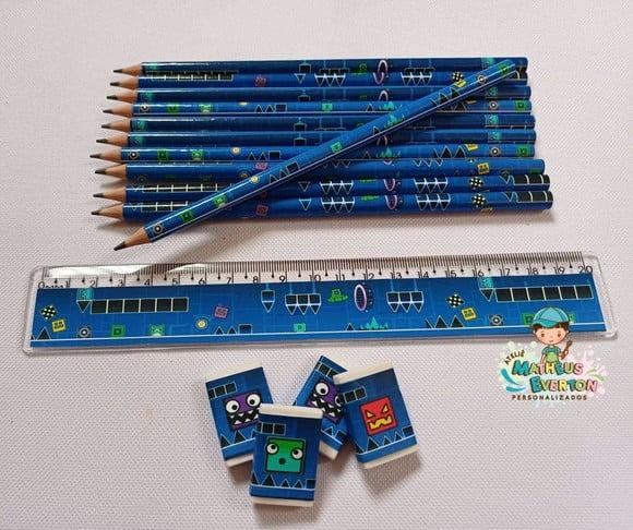 40 Kits Lápis, Régua e Borracha Personalizado Geometry Dash