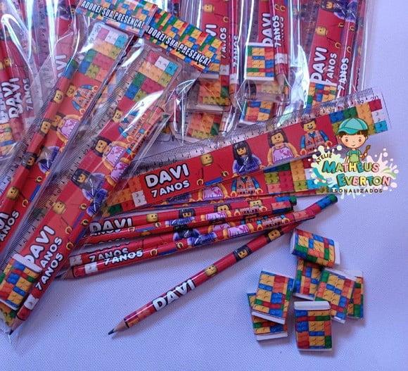 45 Kits Lápis, Régua e Borracha Personalizado Lego