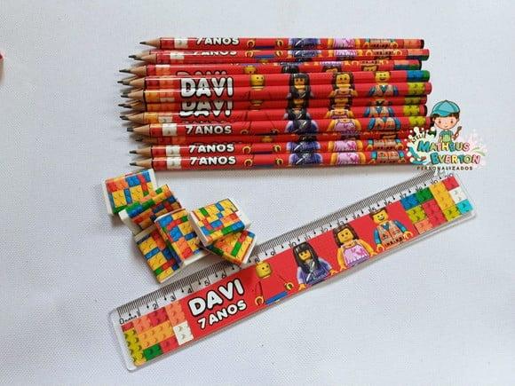 50 Kits Lápis, Régua e Borracha Personalizado Lego Atu