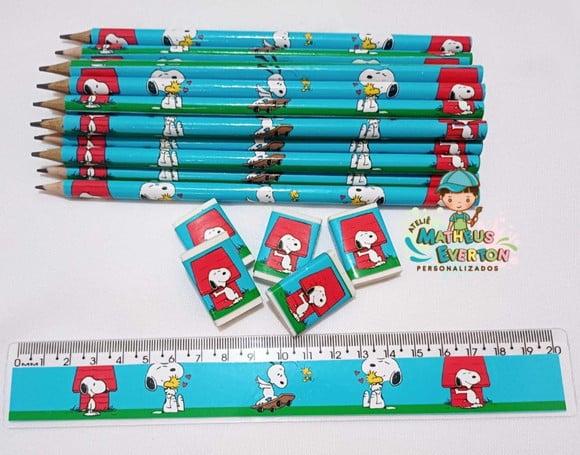 50 Kits Lápis, Régua e Borracha Personalizado Snoopy