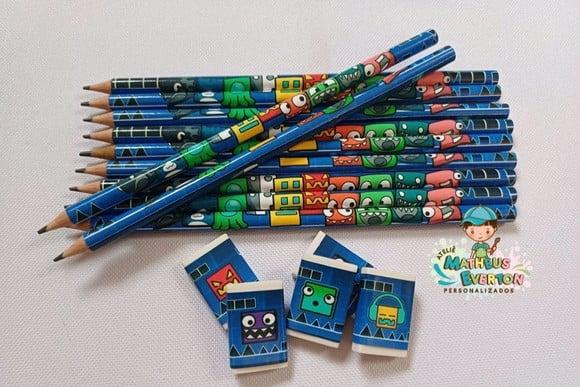 25 Kits Lápis e Borracha Personalizado Geometry Dash