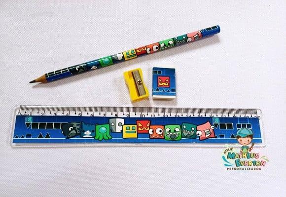 25 Kits Lápis, Borracha, Régua e Apontador Geometry Dash