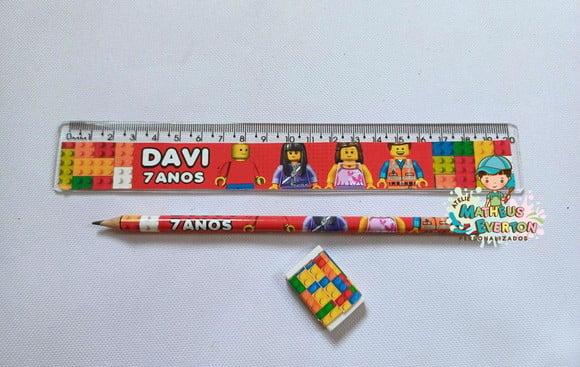 25 Kits Lápis, Régua e Borracha Personalizado Lego Atu