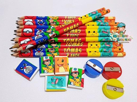 30 Kits Lápis, Borracha e Apontador Personalizado Pokémon