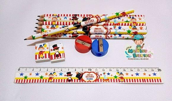35 Kits Lápis, Borracha, Régua e Apontador Circo