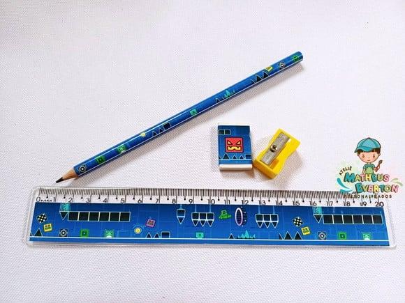 40 Kits Lápis, Borracha, Régua e Aponta9dor Geometry Dash