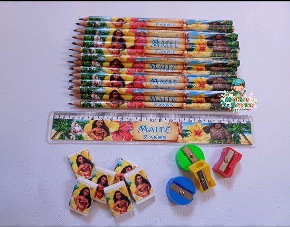 50 Kits Lápis, Borracha, Régua e Apontador Moana