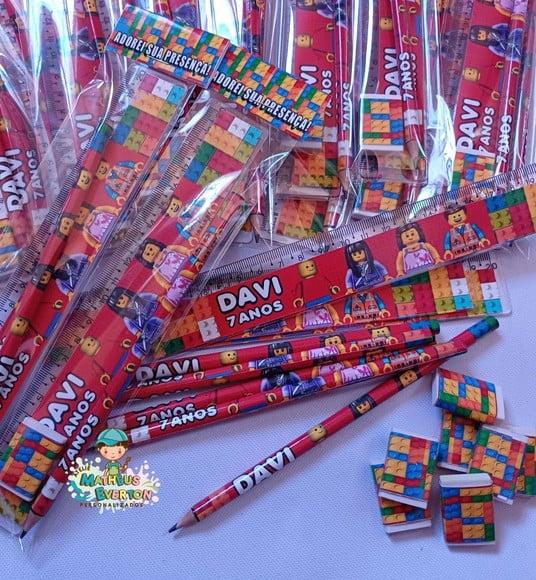 50 Kits Lápis, Régua e Borracha Personalizado Lego
