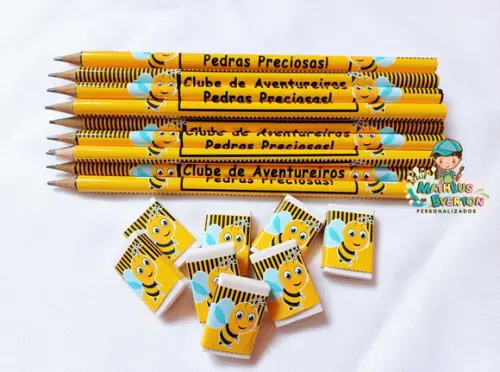 25 Kits Lápis e Borracha Personalizado Abelinha
