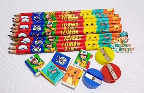 25 Kits Lápis, Borracha e Apontador Personalizado Pokémon