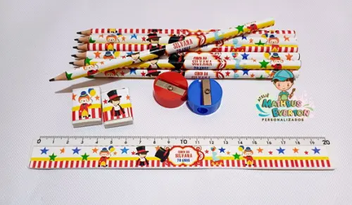25 Kits Lápis, Borracha, Régua e Apontador Circo