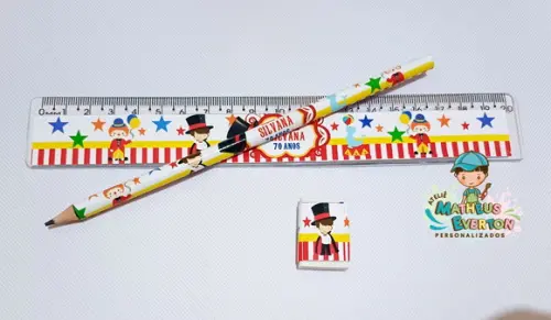 25 Kits Lápis, Régua e Borracha Personalizado Circo