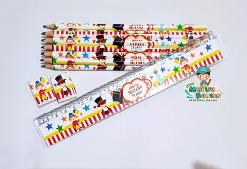 25 Kits Lápis, Régua e Borracha Personalizado Circo