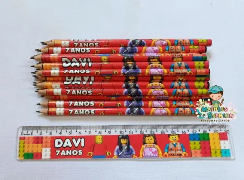 30 Kits Lápis e Régua Personalizado Lego Atu