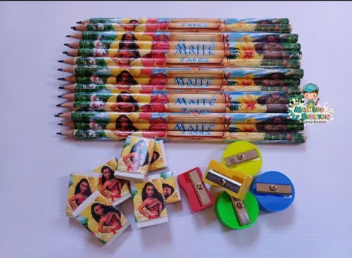 30 Kits Lápis, Borracha e Apontador Personalizado Moana