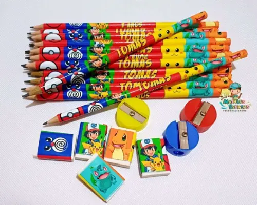 30 Kits Lápis, Borracha e Apontador Personalizado Pokémon