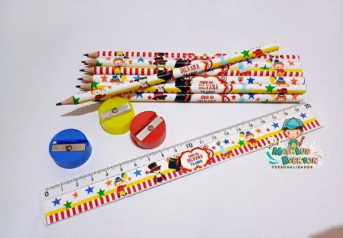 30 Kits Lápis, Régua e Apontador Personalizado Circo