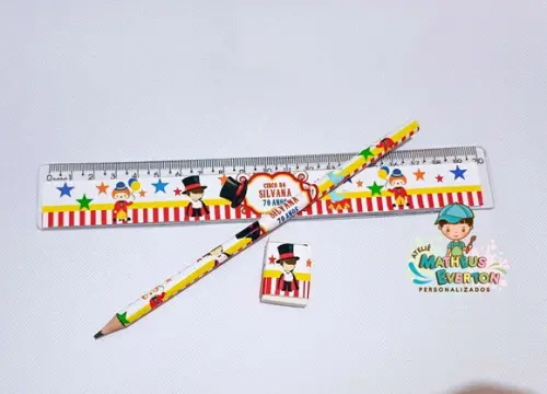 30 Kits Lápis, Régua e Borracha Personalizado Circo