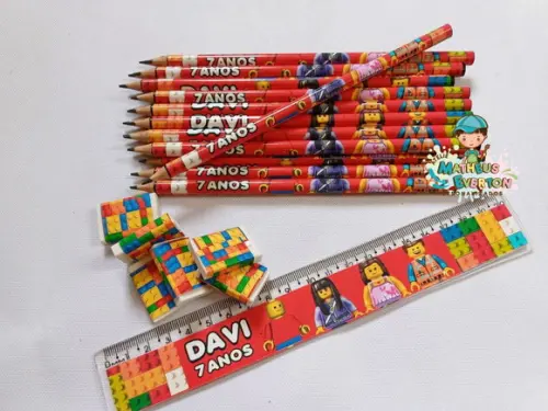 30 Kits Lápis, Régua e Borracha Personalizado Lego Atu
