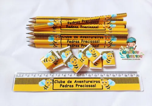 30 Lápis, 30 Réguas e 30 Borrachas Personalizado Abelinha