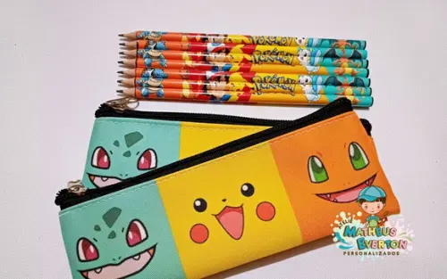 35 Kits Lapis + Estojo Slim Personalizado Pokémon Tam: 19x7