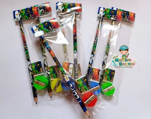 35 Kits Lápis, Borracha e Apontador Personalizado Ninjago