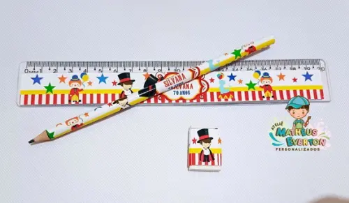 35 Kits Lápis, Régua e Borracha Personalizado Circo
